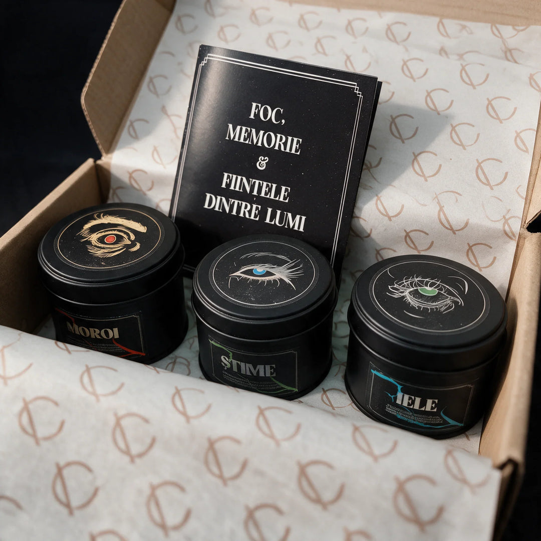 Set de lumânări parfumate artizanale cu capac negru și design cu ochi, prezentate într-o cutie de cadou.