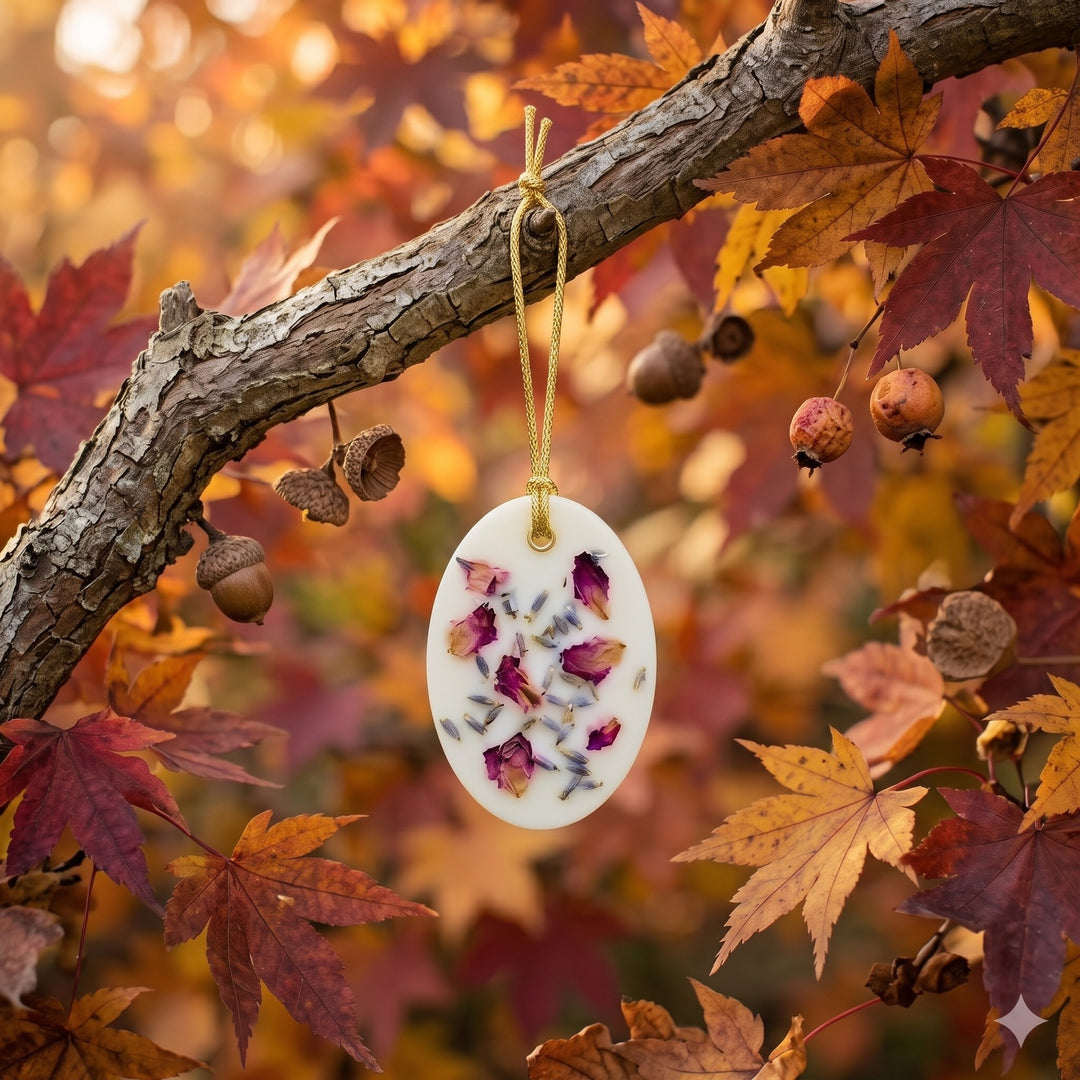 Oval handmade scented wax sachet with dried flower petals hanging from an autumn tree branch