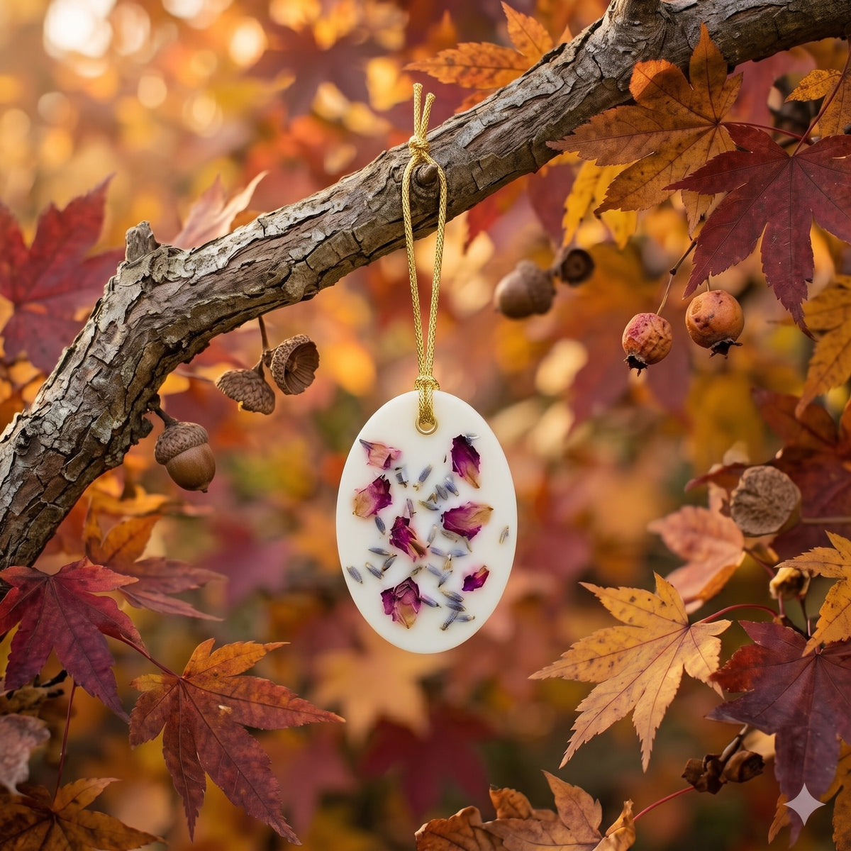 Oval handmade scented wax sachet with dried flower petals hanging from an autumn tree branch